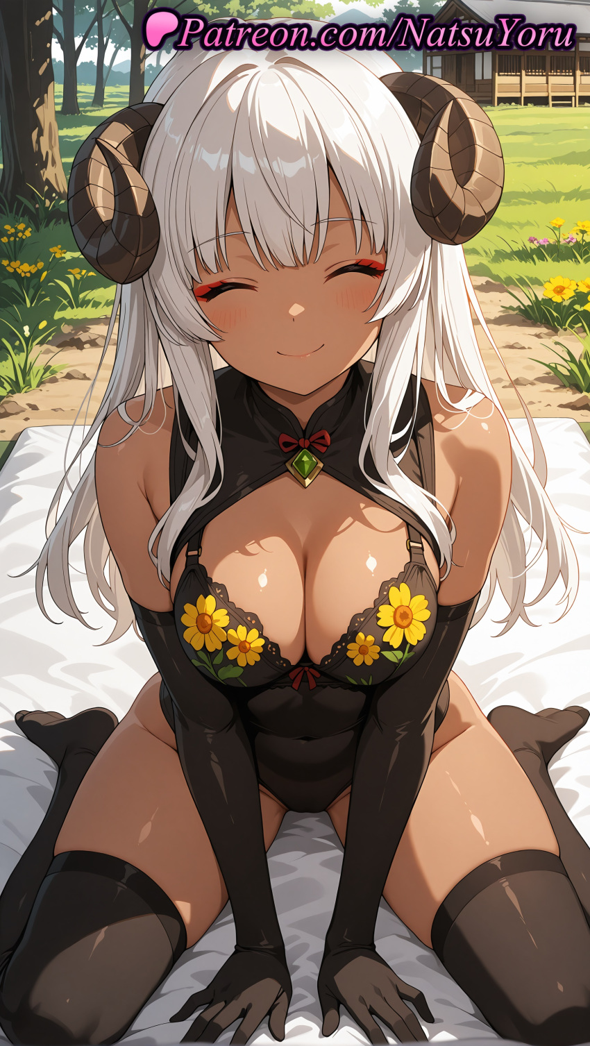 1girl 1girl 1girls 2025 ^_^ ai ai_assisted ai_generated anime anime_style asian bangs bare_shoulders bed big_breasts big_breasts black_gloves black_horns black_legwear black_leotard black_thighhighs blush breasts bust chiyu_mahou_no_machigatta_tsukaikata cleavage cleavage_cutout closed_eyes closed_mouth clothing_cutout covered_navel curled_horns dark-skinned_female dark_skin day ebony elbow_gloves eyeliner eyeshadow facing_viewer felm female_focus female_only floral_print flower gloves grass hentai high_quality high_res high_res high_resolution highleg_leotard horns leotard long_hair makeup natsuyoru no_shoes outside patreon red_eyeliner sheep_horns sitting smile solo_female stable_diffusion stockings thighs tree voluptuous voluptuous_female wariza white_hair yellow_flower